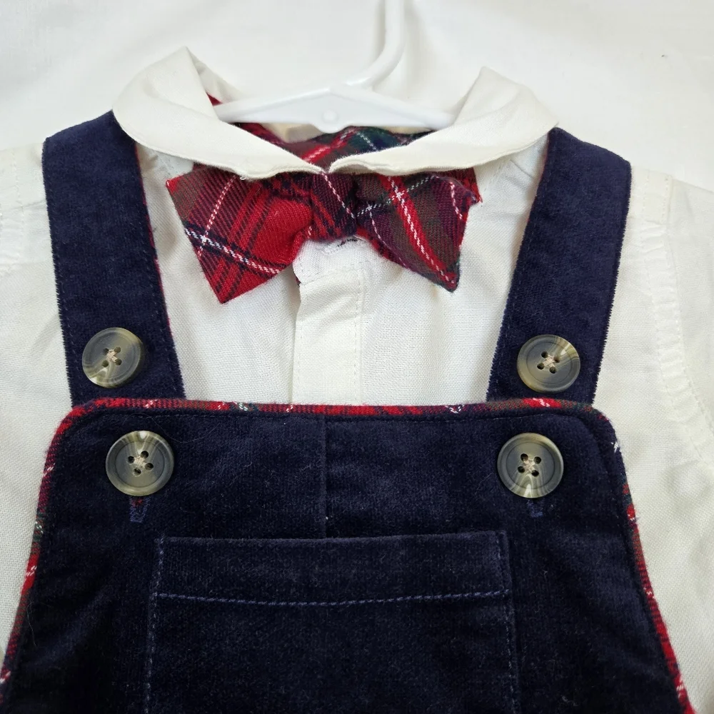 Max Studio Boys Navy‎ Overalls White Shirt Red Plaid Bowtie Holiday Set 12Mo NEW